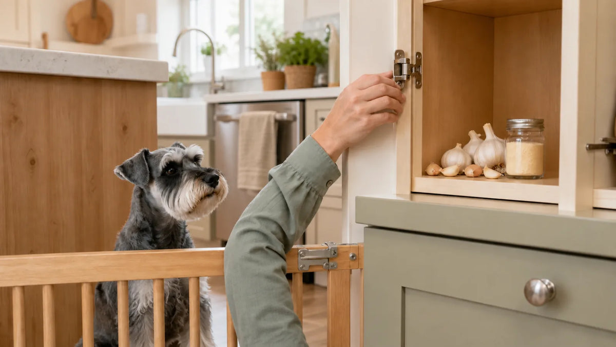 Miniature Schnauzer kept behind a kitchen gate while garlic bulbs and powder are secured in a high cabinet