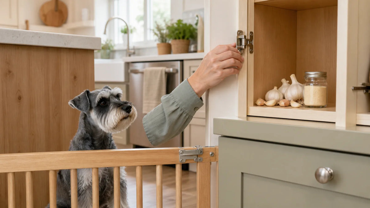 Miniature Schnauzer kept behind a kitchen gate while garlic bulbs and powder are secured in a high cabinet