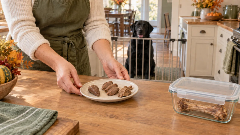 Dog kept behind a gate while plain cooked turkey giblets are prepared on a high counter