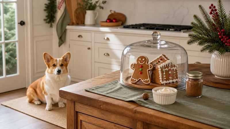 Pembroke Welsh Corgi waiting while human gingerbread stays secured under glass