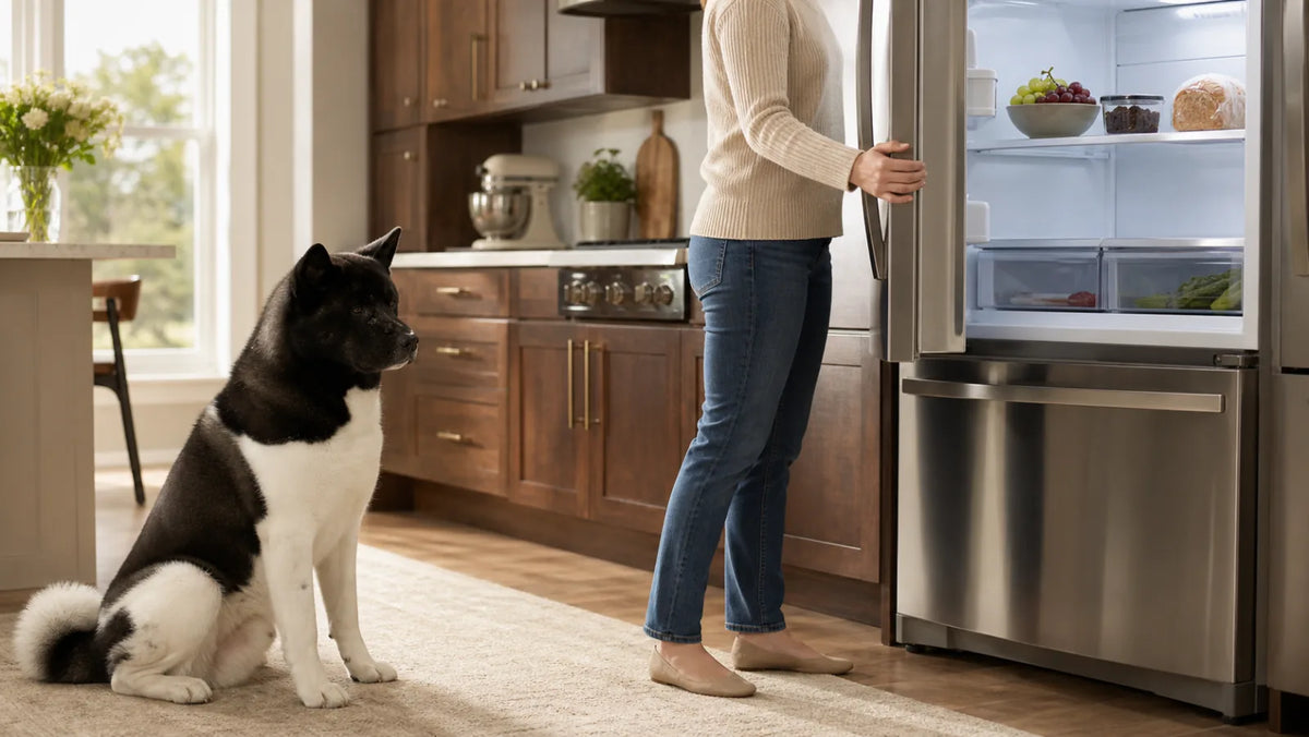 Black-and-white American Akita kept away while grapes, raisins, and raisin bread are secured on an upper refrigerator shelf