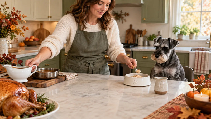 Caregiver moving traditional gravy away while preparing a measured dog food topper