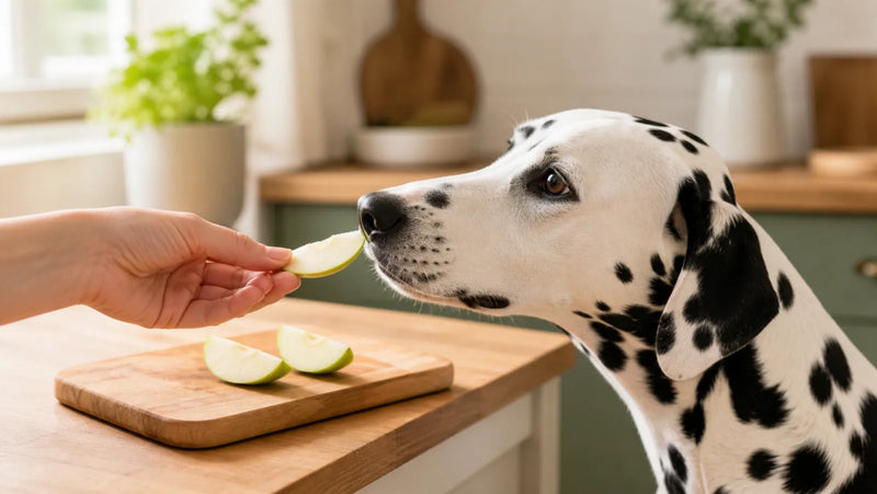 Dalmatian receiving a thin seedless green apple slice in a bright kitchen