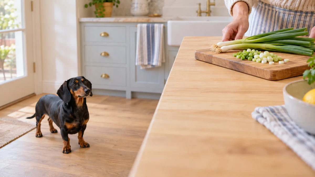 Dachshund kept away as chopped green onions are moved from the counter edge
