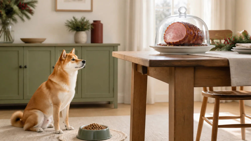 Shiba Inu kept away from sliced holiday ham under a closed glass food dome