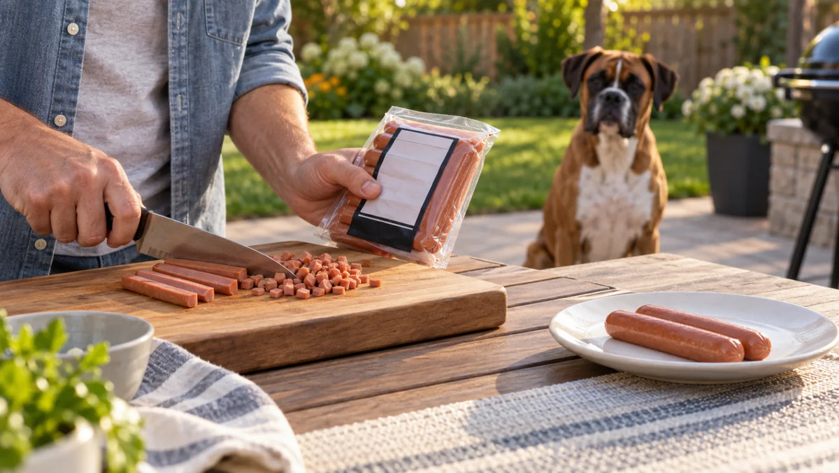 Owner cutting a plain hot dog into tiny pieces while a Boxer waits away from whole hot dogs