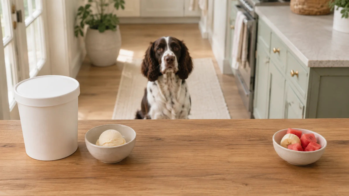English Springer Spaniel kept away from ice cream beside a separate bowl of frozen banana and watermelon pieces