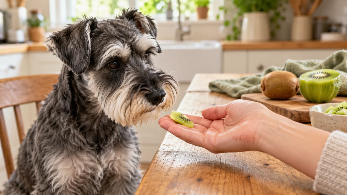 Miniature schnauzer being offered one small peeled kiwi piece in a bright kitchen