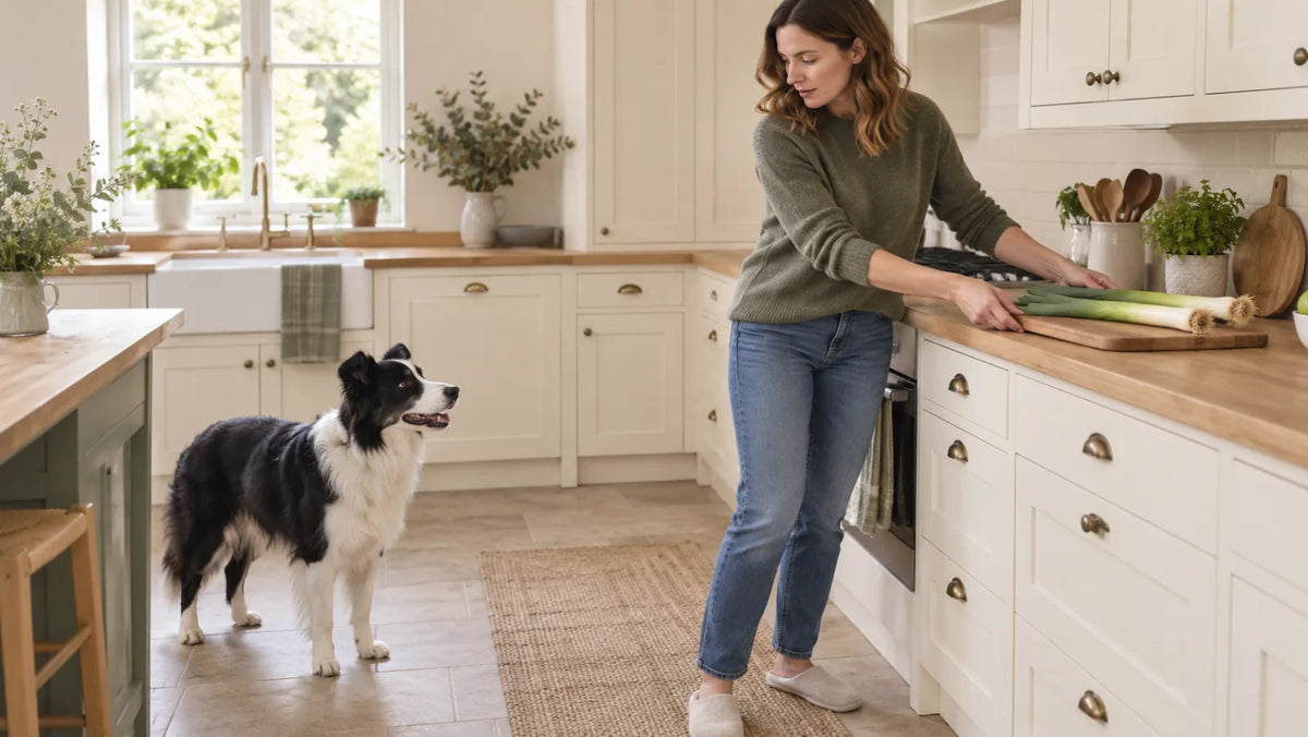 Owner moving whole leeks out of reach of a curious dog in a kitchen
