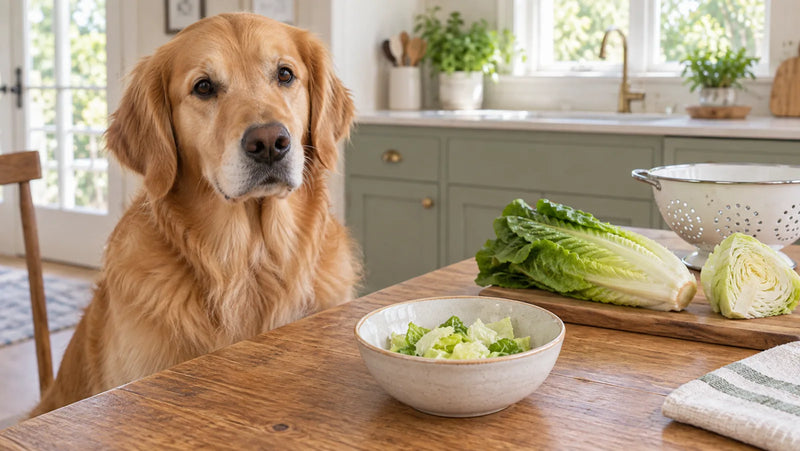 Golden retriever beside a small bowl of plain chopped lettuce in a bright kitchen