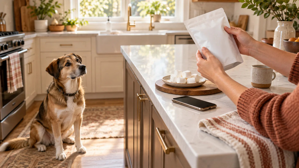 Owner checks a marshmallow package for xylitol while an adult dog waits safely away from the food