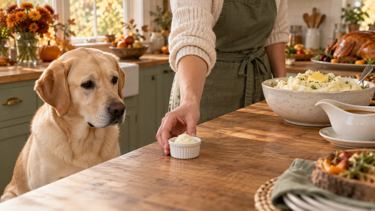 Dog waiting beside a tiny plain mashed-potato portion kept separate from the seasoned family dish