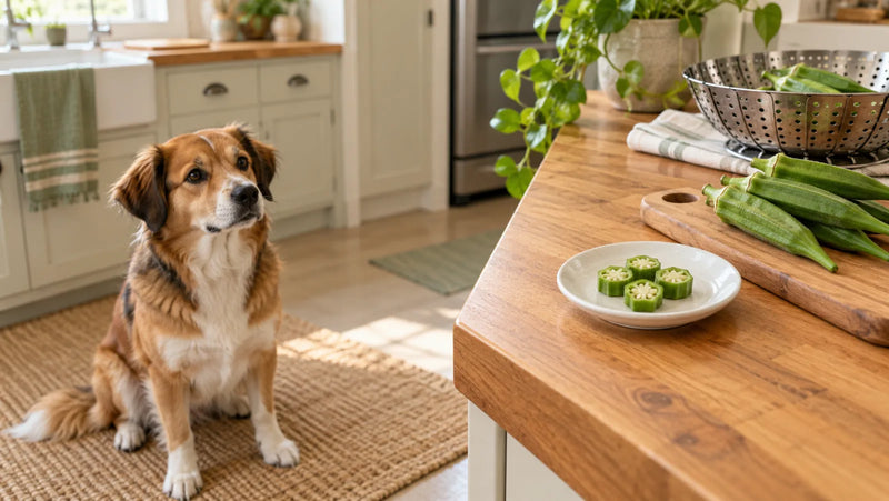 Dog waiting away from a kitchen counter with a tiny dish of plain steamed okra slices