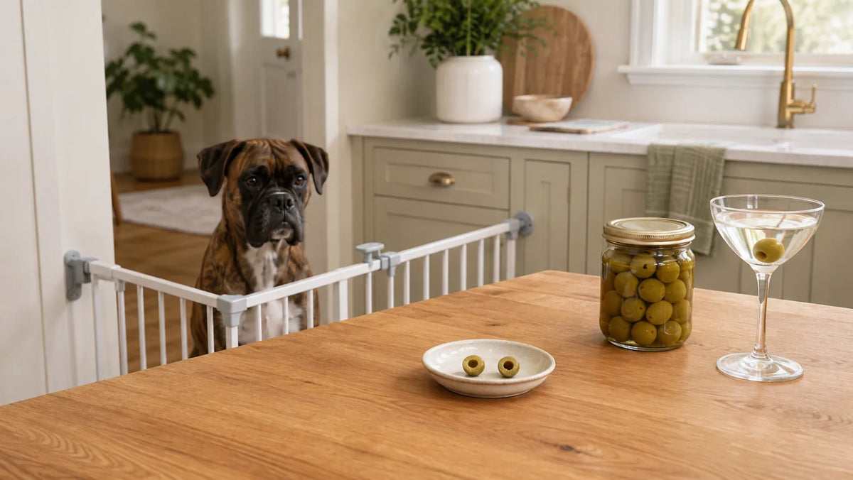 Brindle Boxer separated from plain pitted olives, a brine jar, and an alcohol-soaked cocktail olive