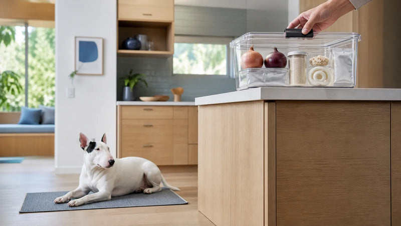 White English Bull Terrier kept away while raw, powdered, dried, and fried onion forms are secured in a latched box