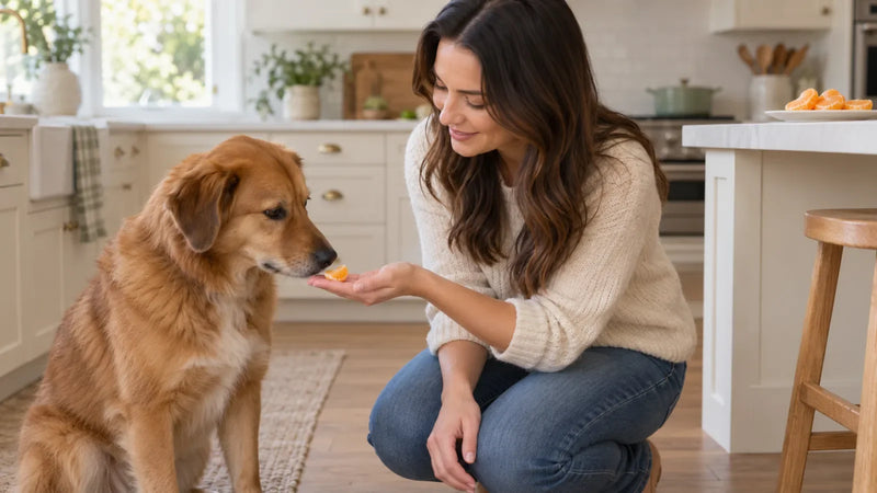 Dog receiving one tiny piece from a peeled seedless orange segment
