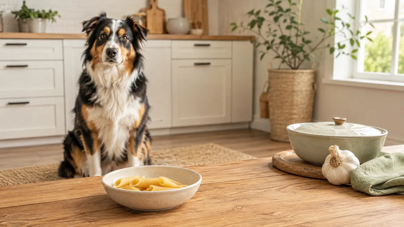 Australian Shepherd beside a small bowl of plain cooked pasta kept separate from sauce and garlic