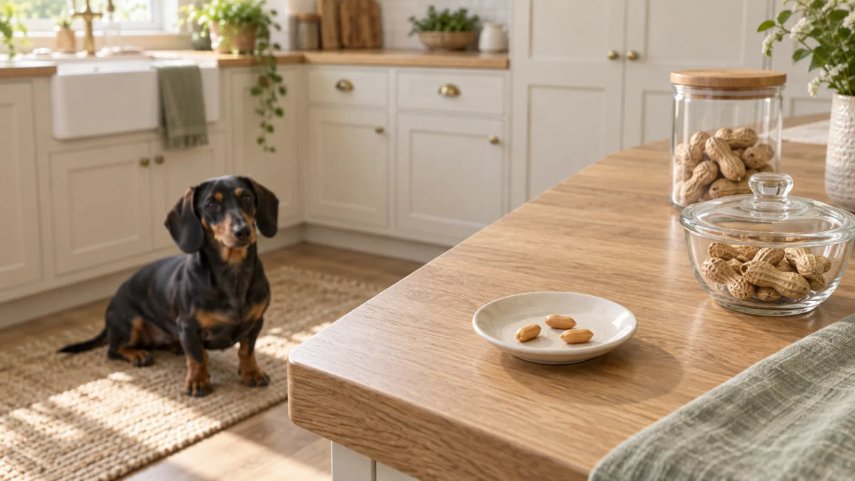 Dachshund waiting behind a high counter with a tiny portion of plain shelled peanuts