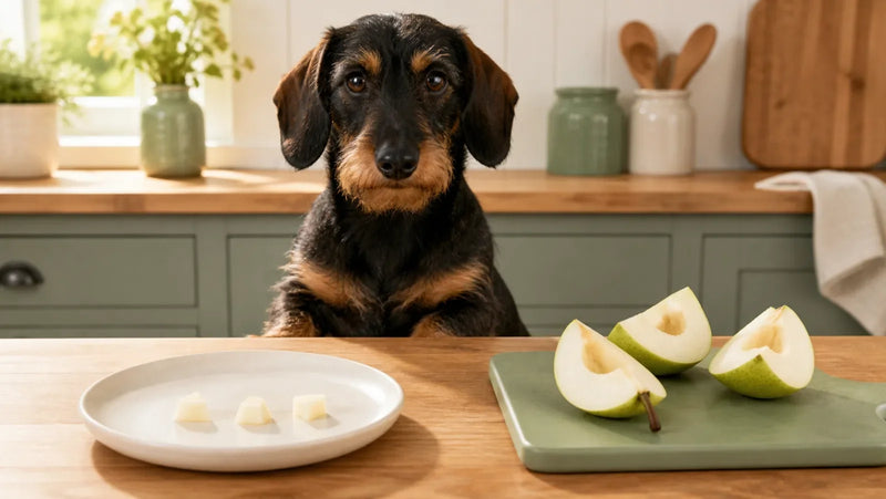 Dachshund waiting behind a small plate of seed-free pear pieces in a kitchen