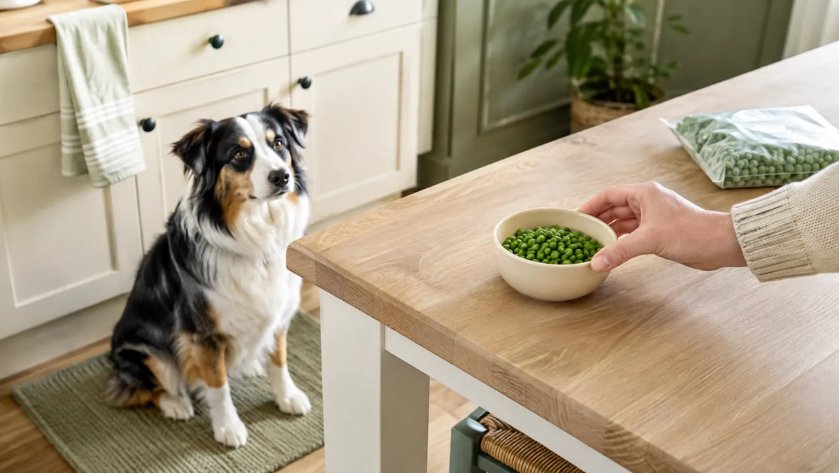 Australian Shepherd waiting while a small bowl of plain green peas is prepared on a kitchen counter