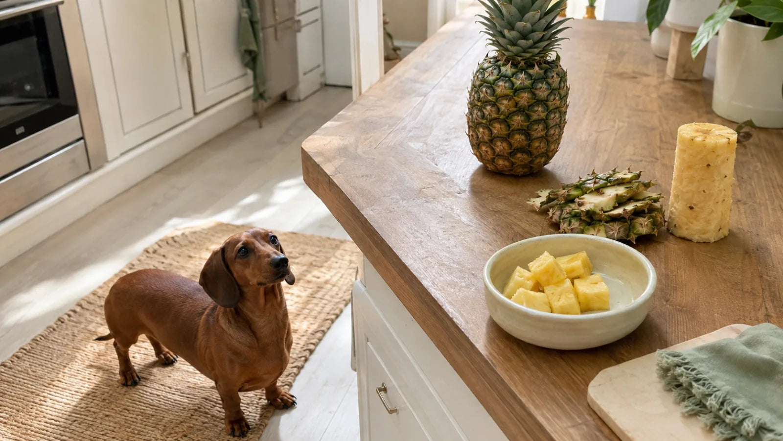 Dachshund waiting below a counter while peeled pineapple pieces are prepared away from the skin and core