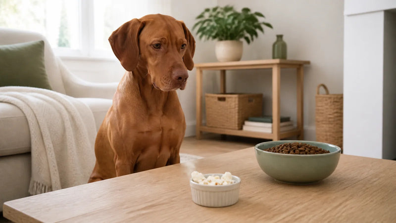 Vizsla waiting behind a tiny bowl of plain air-popped popcorn beside regular dog food