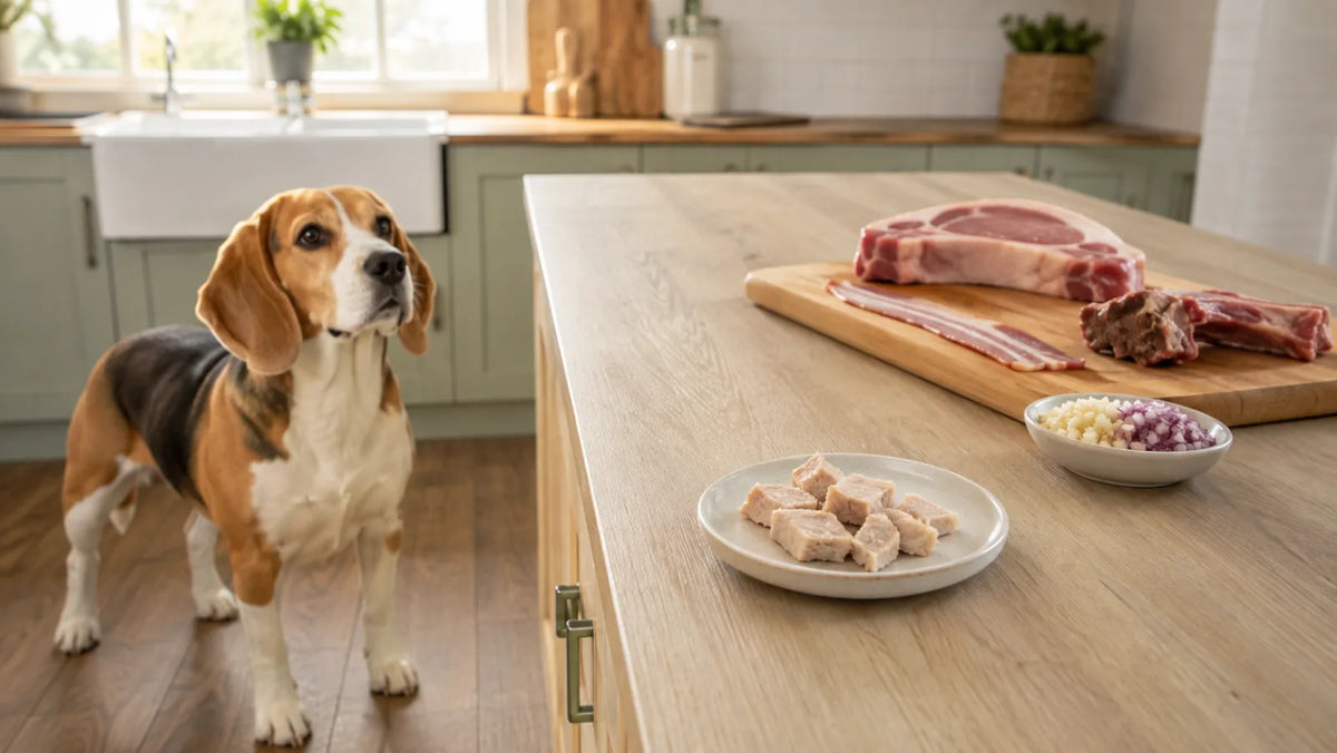 Beagle separated from plain cooked pork, raw pork, bacon, seasoning, and a pork bone
