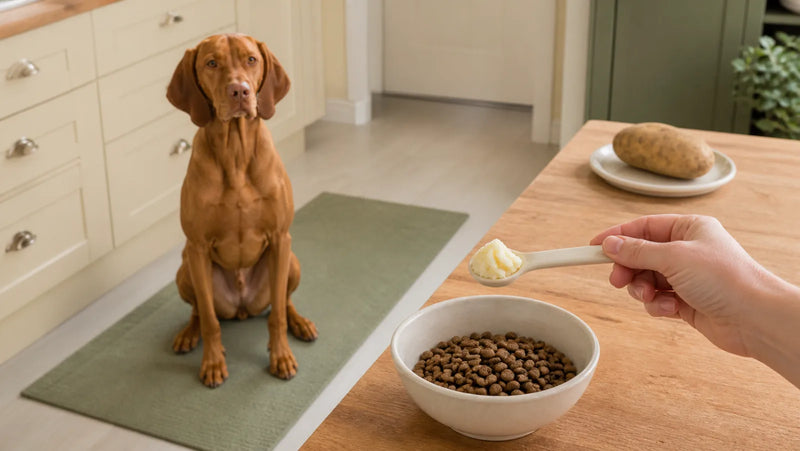 Vizsla watching a tiny spoonful of plain cooked potato beside dog food