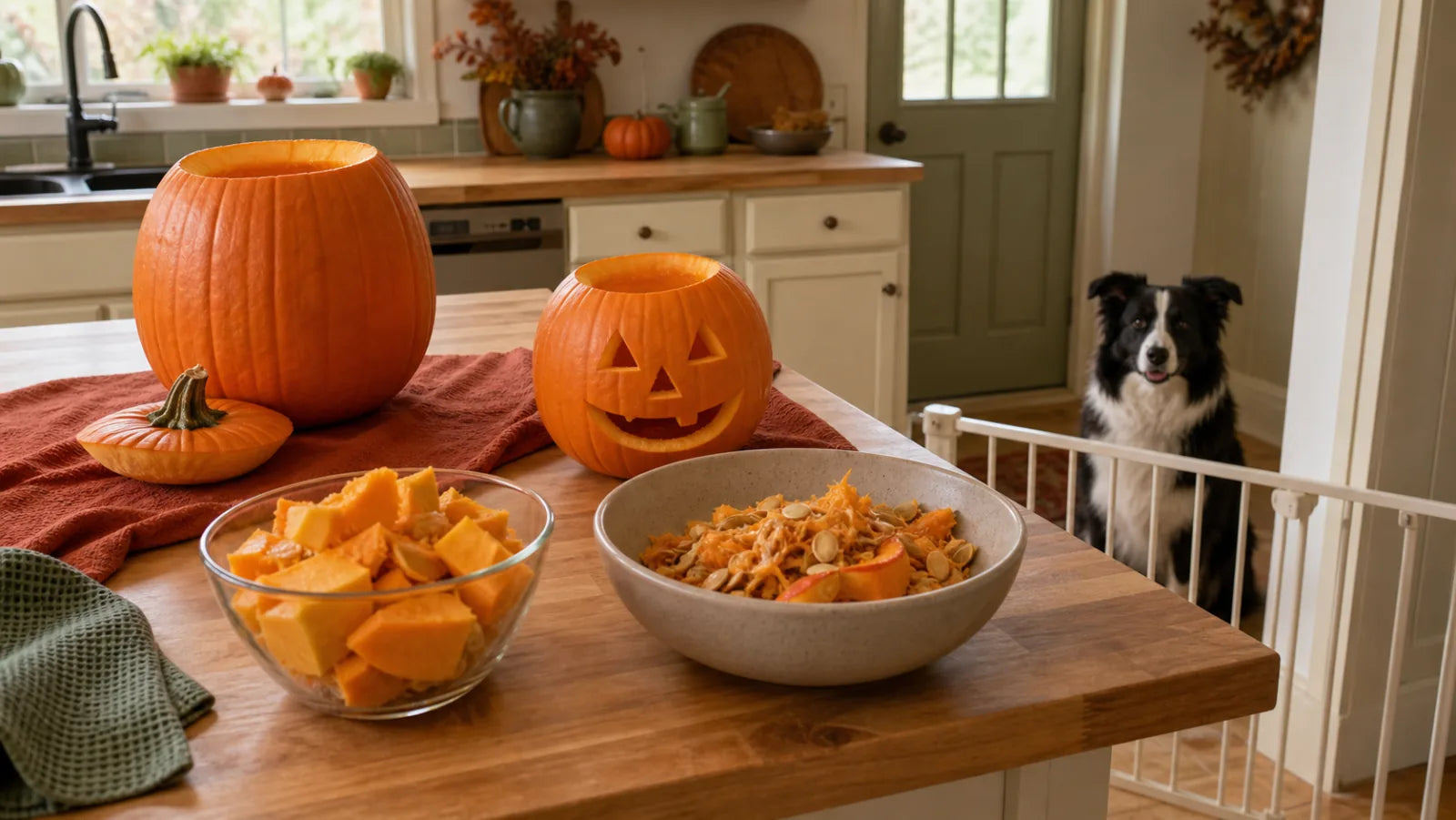 Border Collie waiting behind a gate during a safely organized pumpkin-carving session