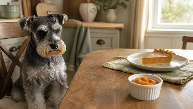 Miniature Schnauzer sitting while pumpkin pie stays out of reach beside plain pumpkin