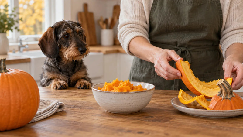 Owner separating soft cooked pumpkin from hard rind beside a wirehaired dachshund