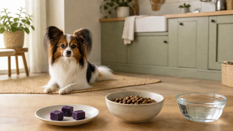 Papillon waiting behind a small serving of plain cooked purple sweet potato