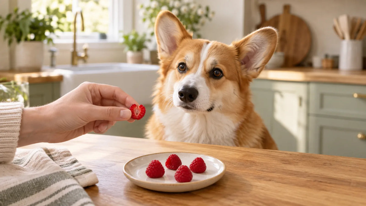 Pembroke Welsh Corgi waiting beside four plain raspberries as an owner holds one halved berry