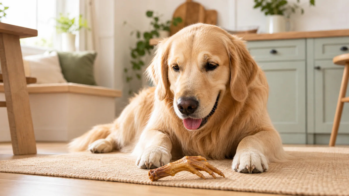 Happy dog with a dehydrated chicken foot chew in a warm home setting