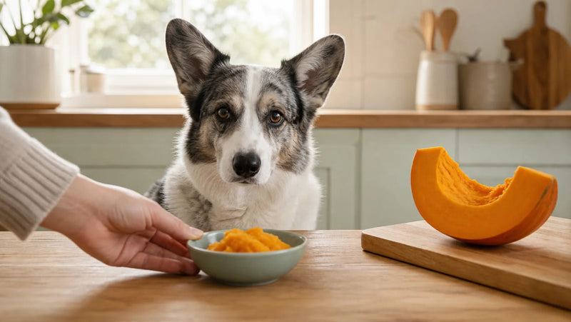 Cardigan Welsh Corgi waiting beside raw pumpkin and a small bowl of plain cooked pumpkin