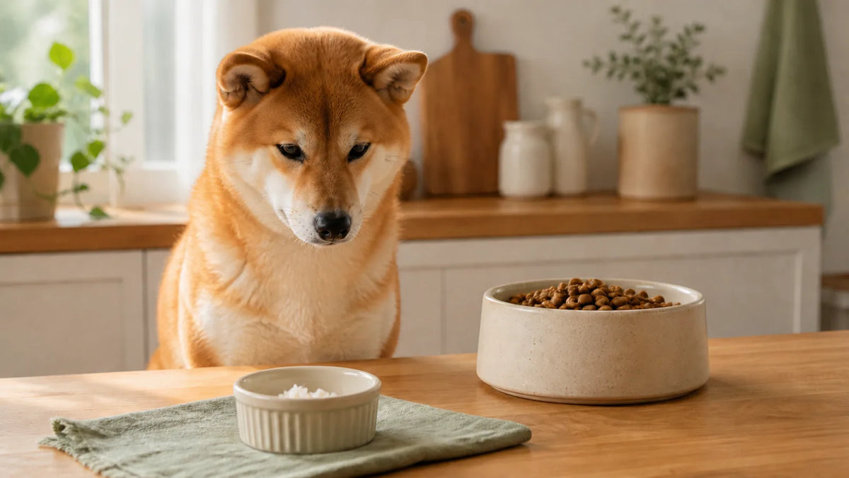 Shiba Inu waiting behind a small ramekin of plain cooked white rice beside regular dog food