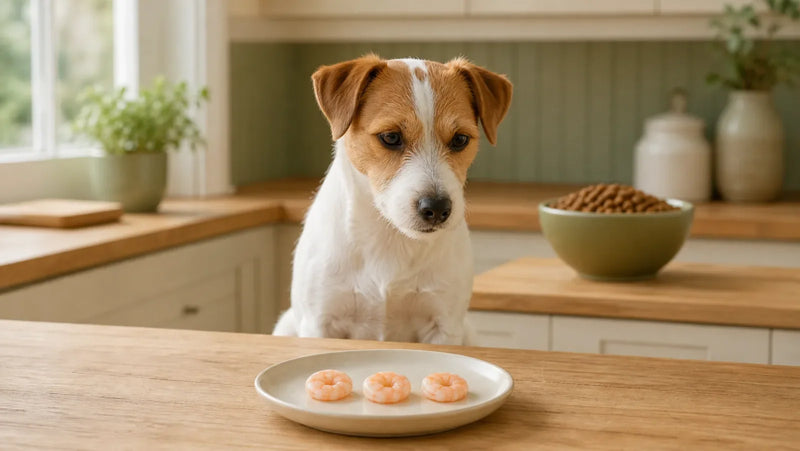 Jack Russell Terrier waiting behind three small pieces of plain cooked peeled shrimp