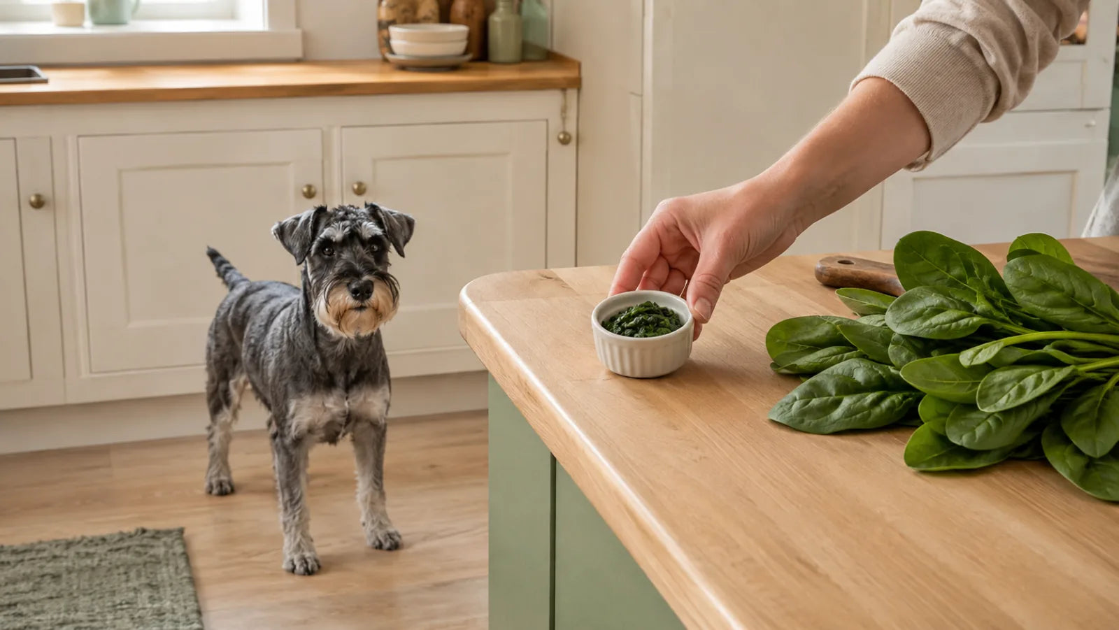 Miniature Schnauzer waiting while a tiny serving of plain chopped spinach is prepared on a kitchen counter