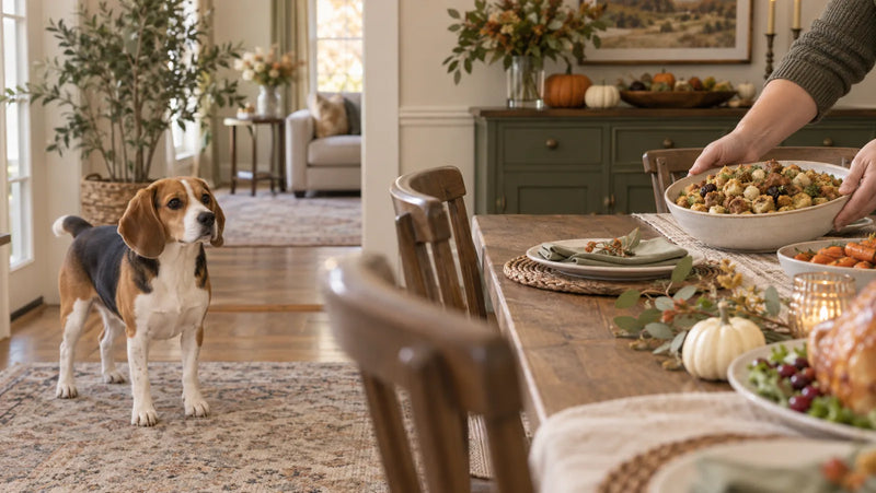 Beagle kept away while a bowl of Thanksgiving stuffing is moved out of reach