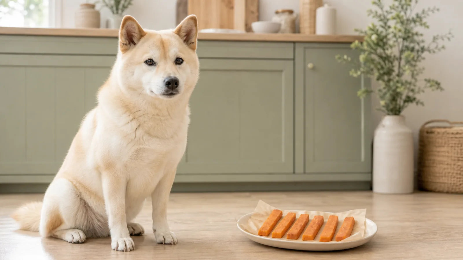 Shiba Inu beside a small plate of plain baked sweet-potato strips