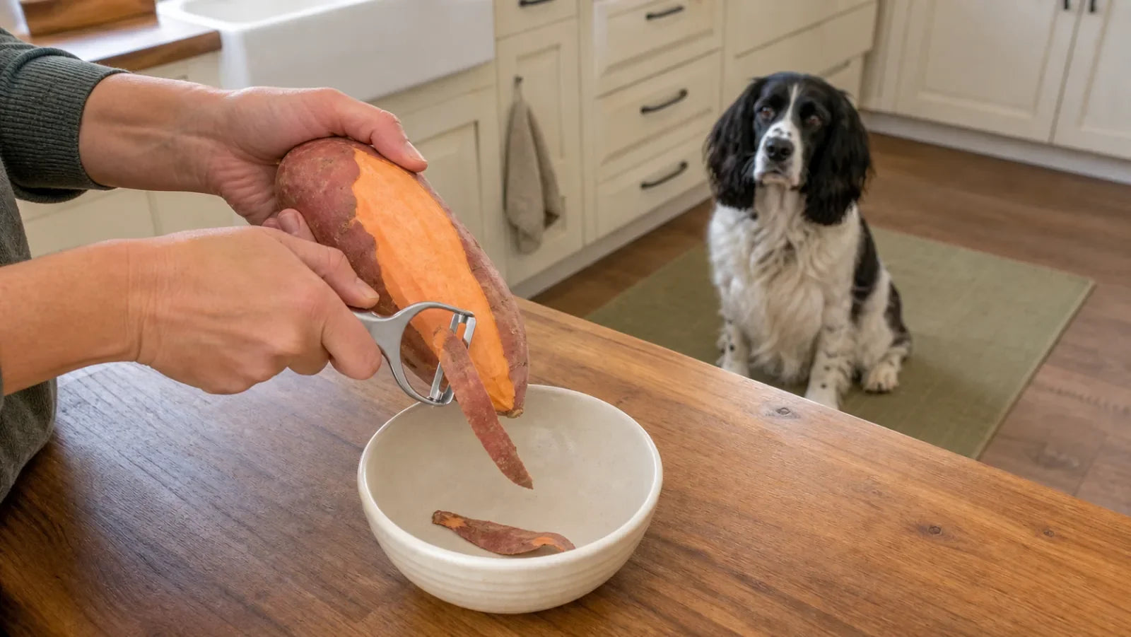 English springer spaniel watching a washed sweet potato being peeled in a kitchen