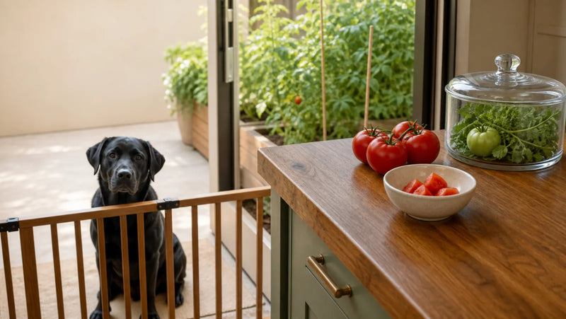 Black Labrador separated from a tomato garden while ripe red pieces stay apart from green tomatoes and plant clippings