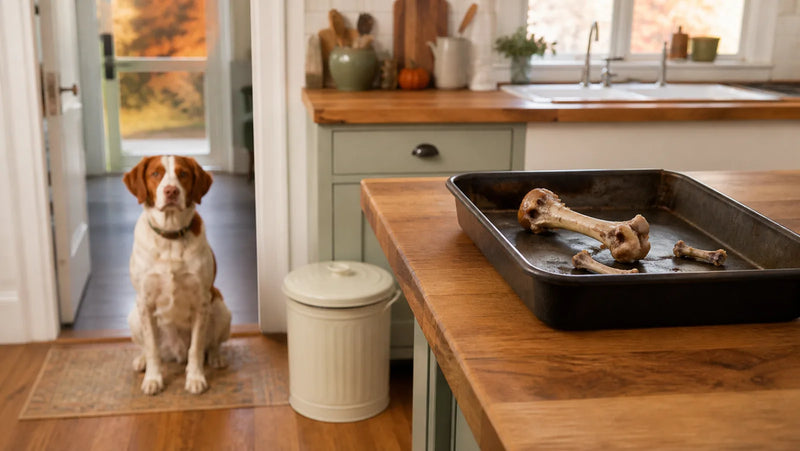 Brittany Spaniel kept away from cooked turkey bones beside a closed holiday trash bin