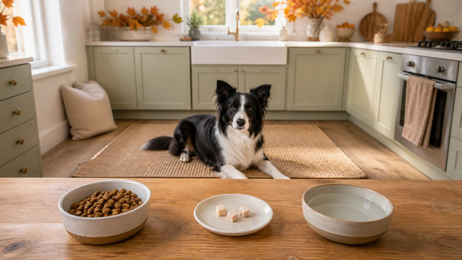 Border Collie waiting behind three tiny pieces of plain cooked turkey and dog food