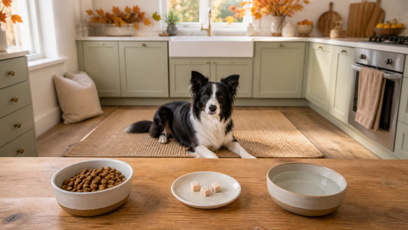 Border Collie waiting behind three tiny pieces of plain cooked turkey and dog food