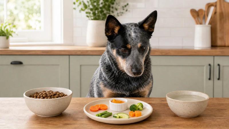 Blue heeler waiting behind a small plate of prepared dog-safe vegetables and dog food