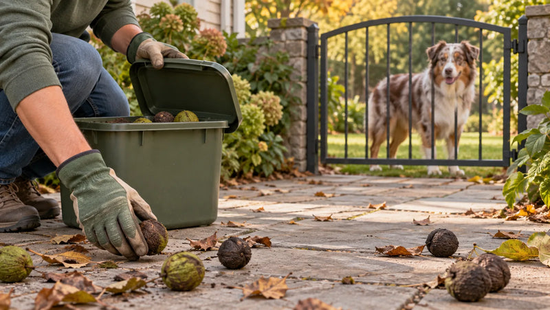 Adult Australian Shepherd kept behind a gate while fallen black walnuts are removed from a patio