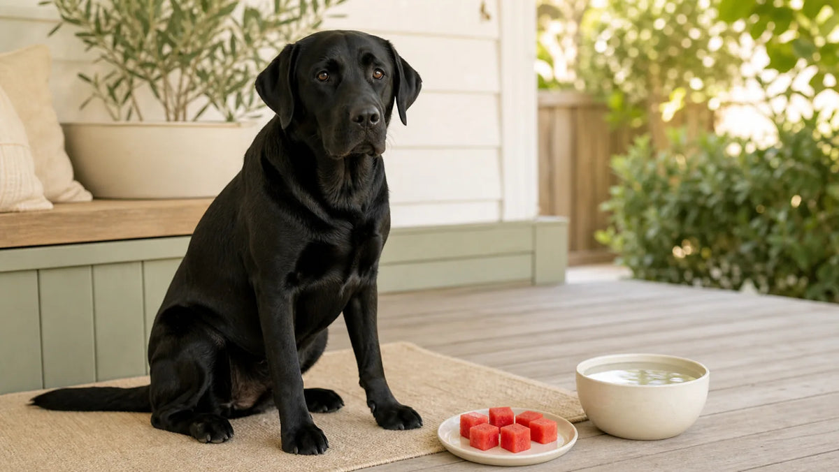 Black Labrador beside seedless watermelon cubes and a bowl of fresh water