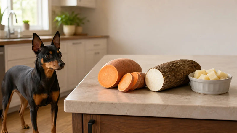 Miniature Pinscher beside a sweet potato, a true yam, and a bowl of cooked yam pieces