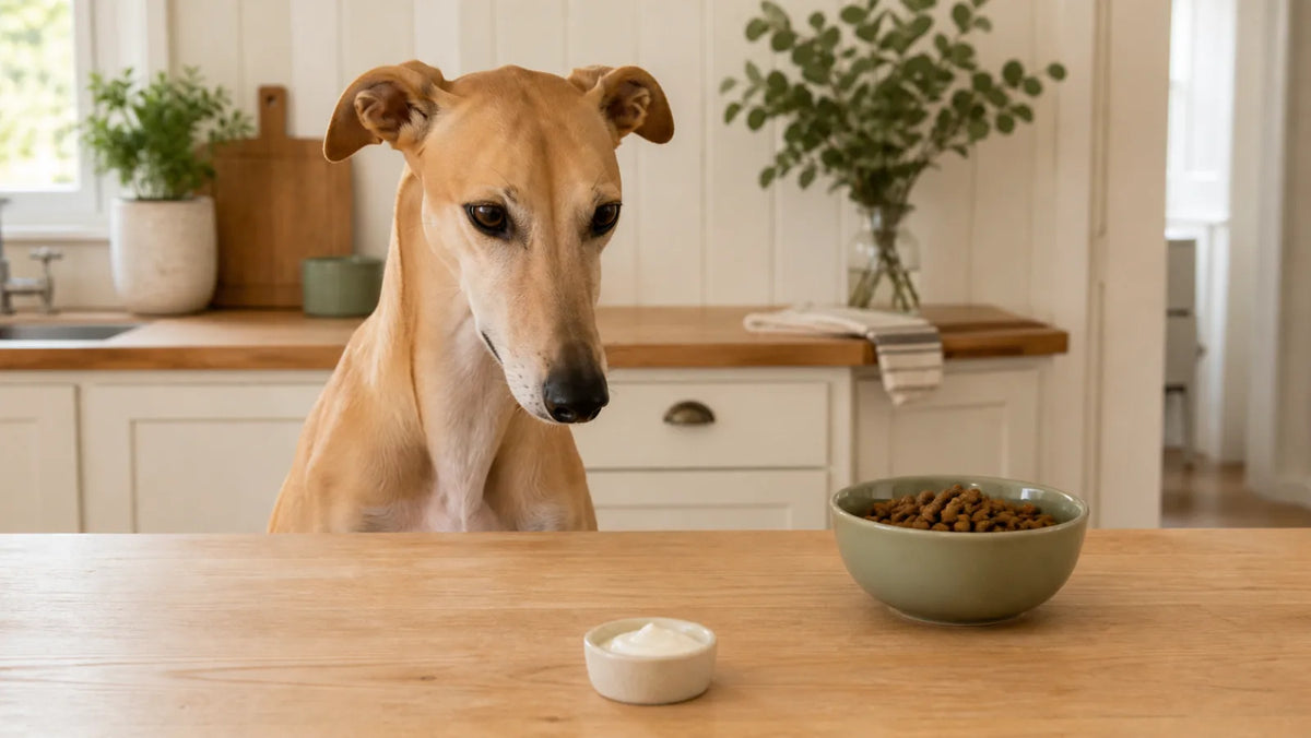 Fawn Greyhound waiting behind a tiny bowl of plain yogurt beside regular dog food